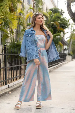 Making My Way Coral and Blue Striped Strapless Jumpsuit SALE