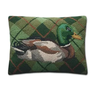 Mallard Duck Green Plaid Hooked Pillow