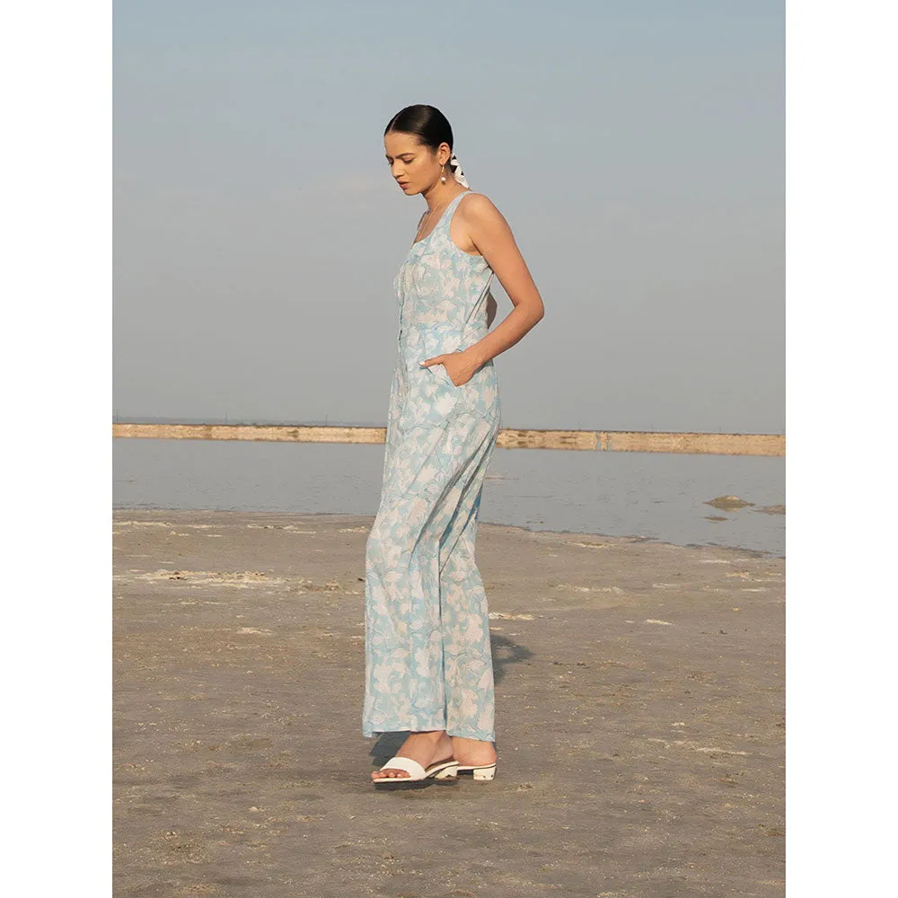 MARCHE Blue Lilies Hand Block Printed Cotton Jumpsuit