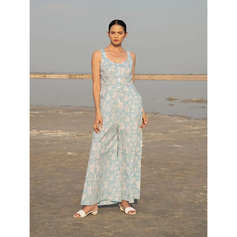 MARCHE Blue Lilies Hand Block Printed Cotton Jumpsuit