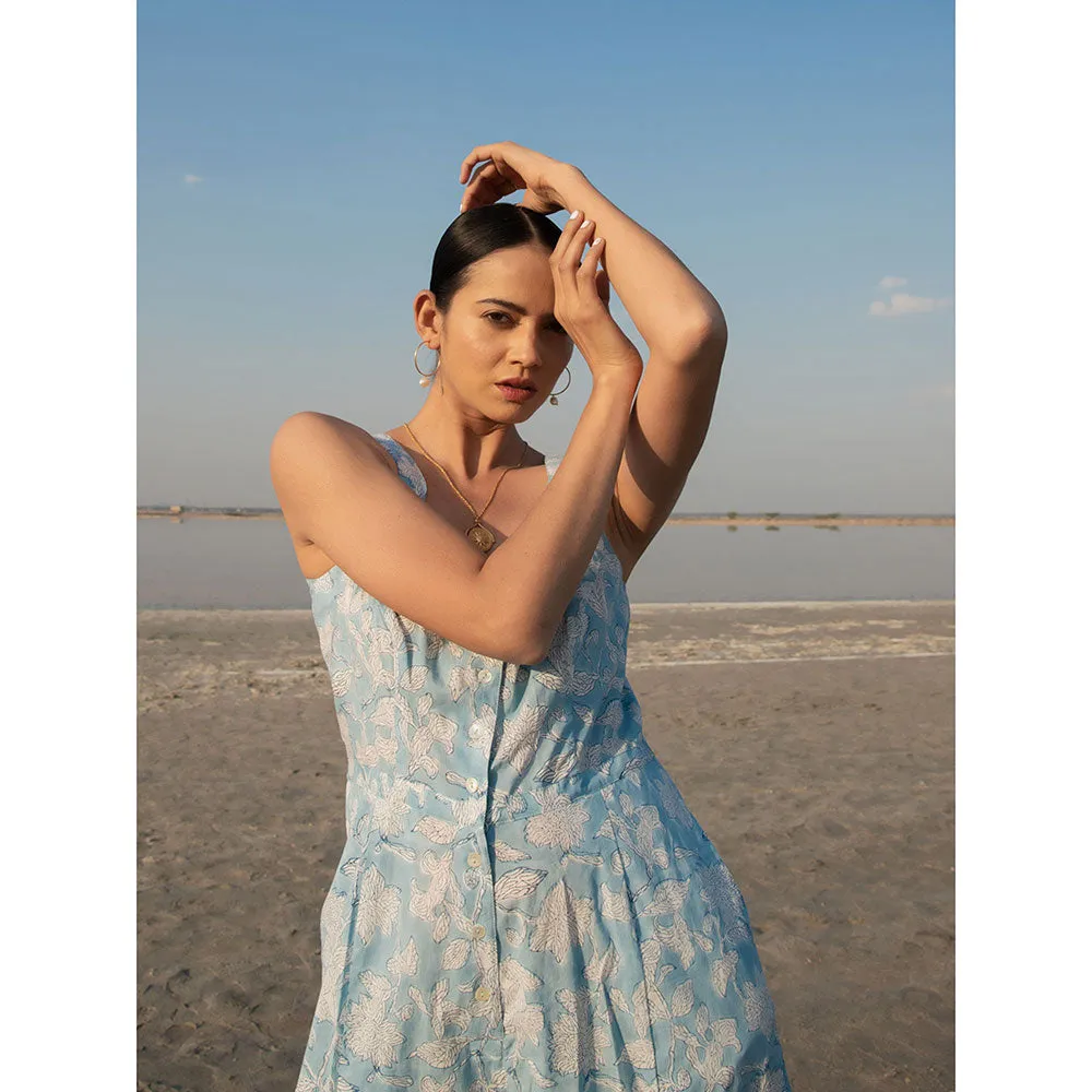 MARCHE Blue Lilies Hand Block Printed Cotton Jumpsuit