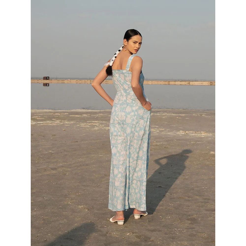 MARCHE Blue Lilies Hand Block Printed Cotton Jumpsuit