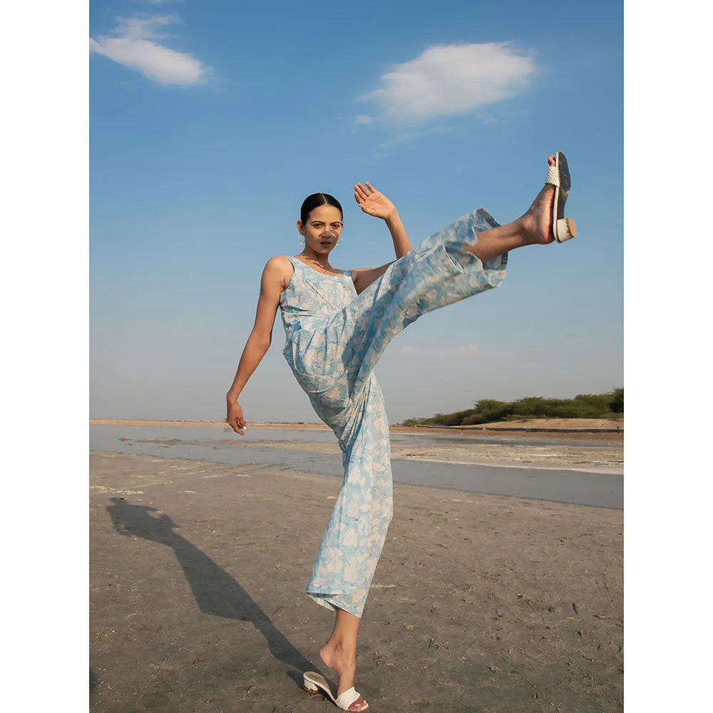 MARCHE Blue Lilies Hand Block Printed Cotton Jumpsuit