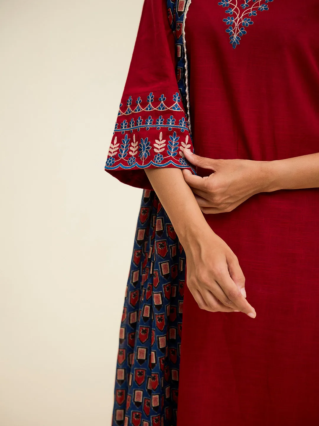 Maroon Embroidered Cotton Kurta Set With Dupatta