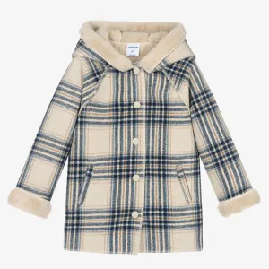 Mayoral Girls Hooded Plaid Coat with Sherpa Lining : Size 4 to 9