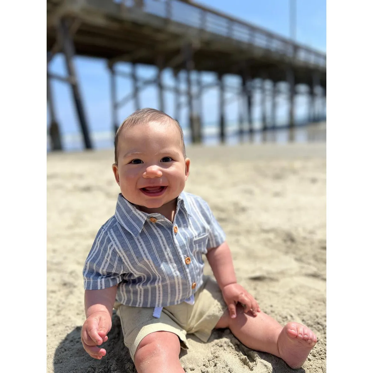 Me & Henry Blue/White Striped Woven Helford Onesie