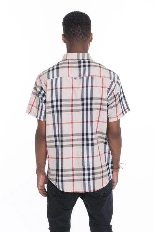 Mens Casual Short Sleeve Checker Plaid Shirts