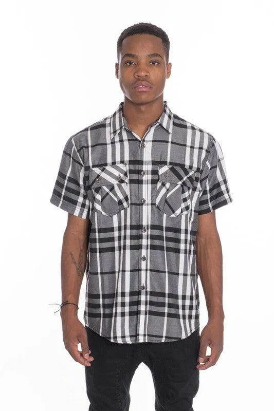 Mens Casual Short Sleeve Checker Plaid Shirts