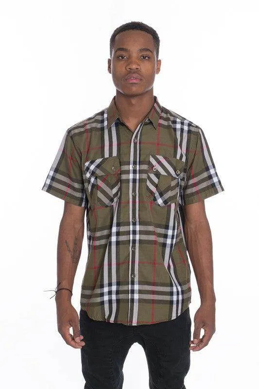 Mens Casual Short Sleeve Checker Plaid Shirts