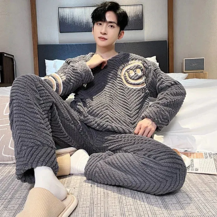 Men's New Fall/Winter Coral Fleece Thickened Round Neck Pullover Man's Flannel Homewear Suit