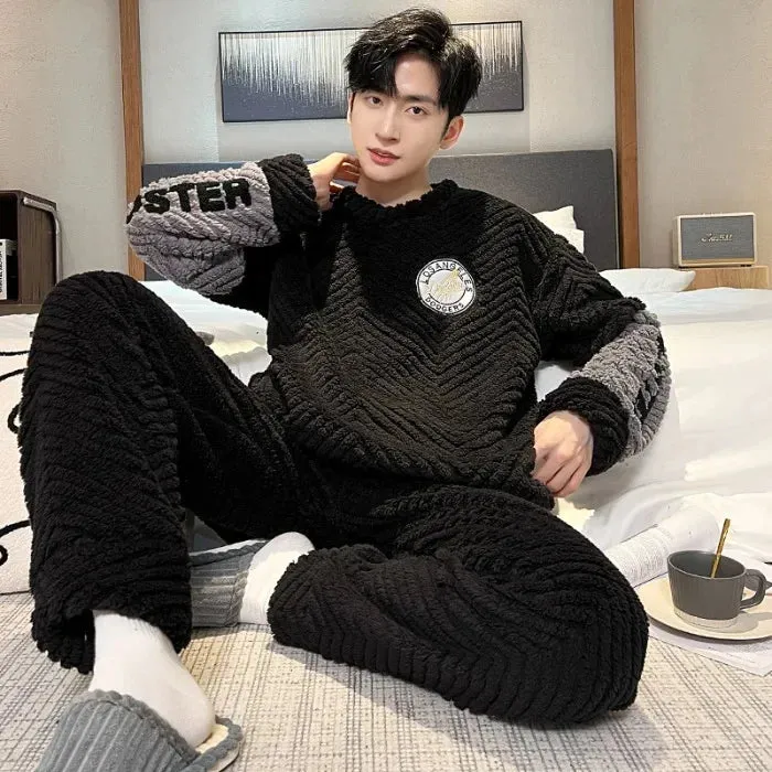 Men's New Fall/Winter Coral Fleece Thickened Round Neck Pullover Man's Flannel Homewear Suit