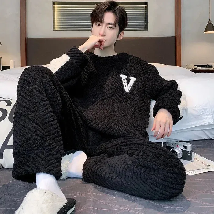 Men's New Fall/Winter Coral Fleece Thickened Round Neck Pullover Man's Flannel Homewear Suit