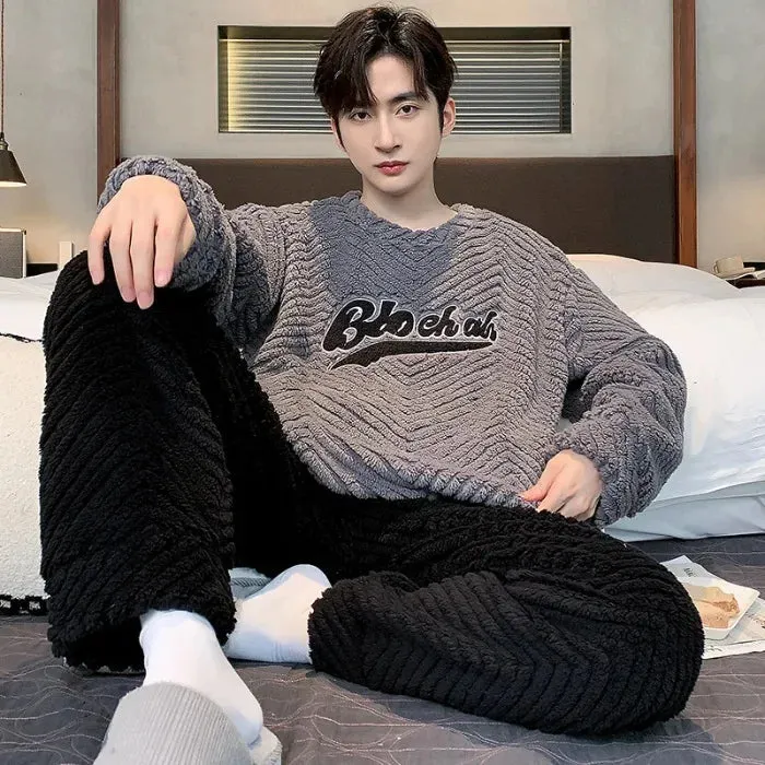 Men's New Fall/Winter Coral Fleece Thickened Round Neck Pullover Man's Flannel Homewear Suit