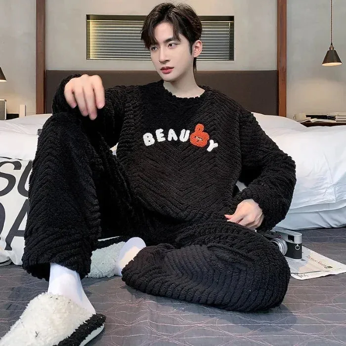 Men's New Fall/Winter Coral Fleece Thickened Round Neck Pullover Man's Flannel Homewear Suit