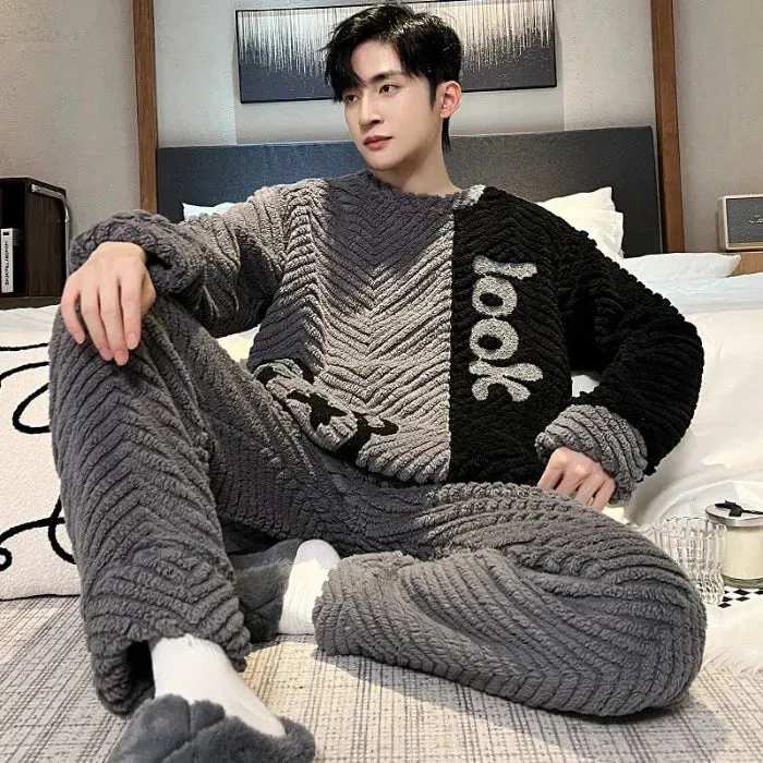 Men's New Fall/Winter Coral Fleece Thickened Round Neck Pullover Man's Flannel Homewear Suit