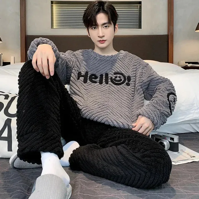 Men's New Fall/Winter Coral Fleece Thickened Round Neck Pullover Man's Flannel Homewear Suit