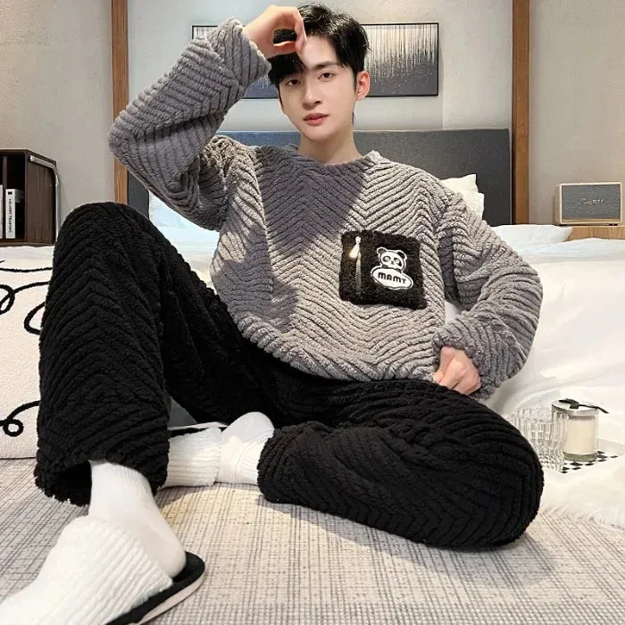 Men's New Fall/Winter Coral Fleece Thickened Round Neck Pullover Man's Flannel Homewear Suit