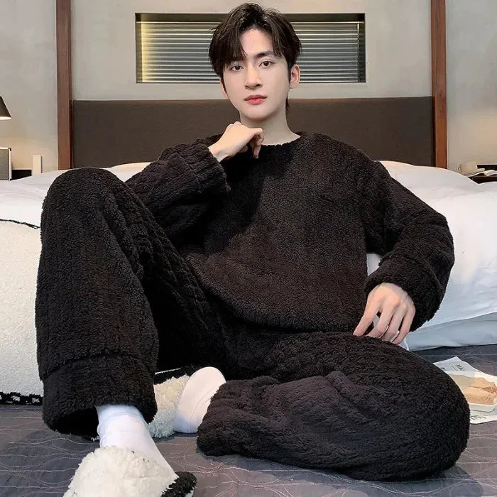 Men's New Fall/Winter Coral Fleece Thickened Round Neck Pullover Man's Flannel Homewear Suit