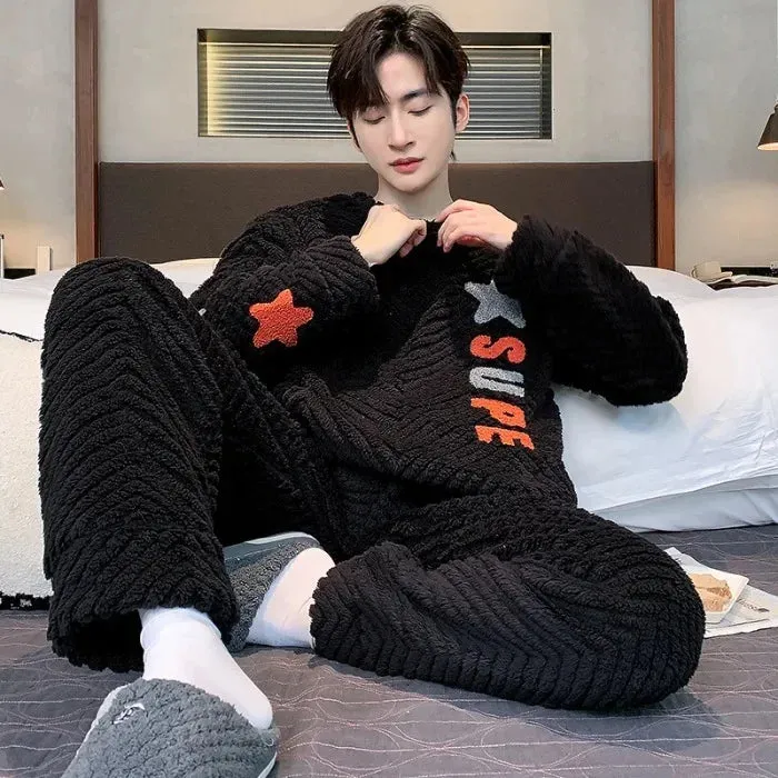 Men's New Fall/Winter Coral Fleece Thickened Round Neck Pullover Man's Flannel Homewear Suit