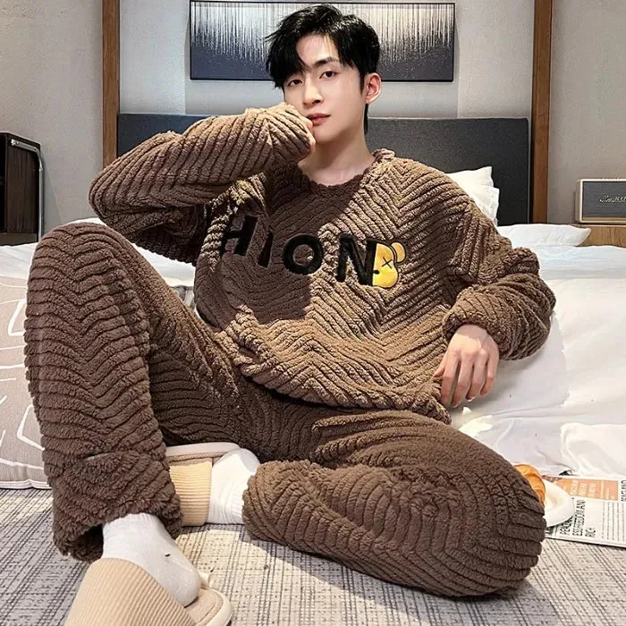 Men's New Fall/Winter Coral Fleece Thickened Round Neck Pullover Man's Flannel Homewear Suit