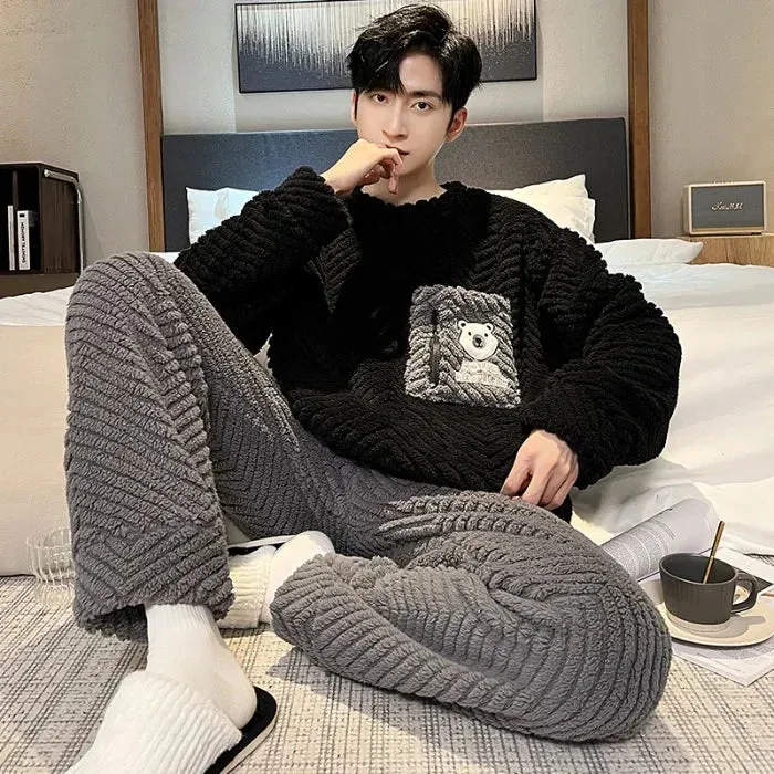 Men's New Fall/Winter Coral Fleece Thickened Round Neck Pullover Man's Flannel Homewear Suit