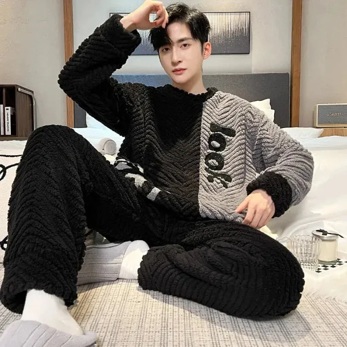 Men's New Fall/Winter Coral Fleece Thickened Round Neck Pullover Man's Flannel Homewear Suit
