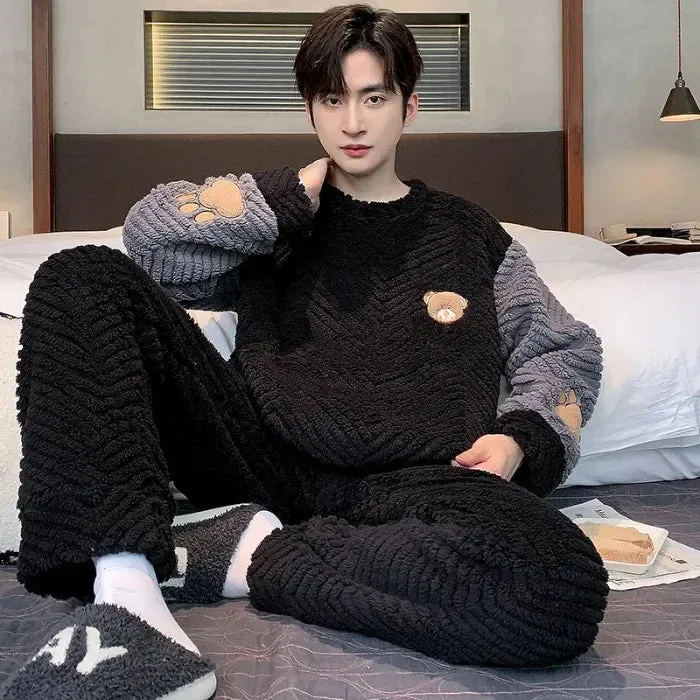 Men's New Fall/Winter Coral Fleece Thickened Round Neck Pullover Man's Flannel Homewear Suit
