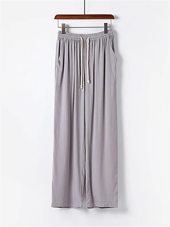 Men's Summer Casual Cotton And Linen Pants Sports Straight Wide Leg Pants