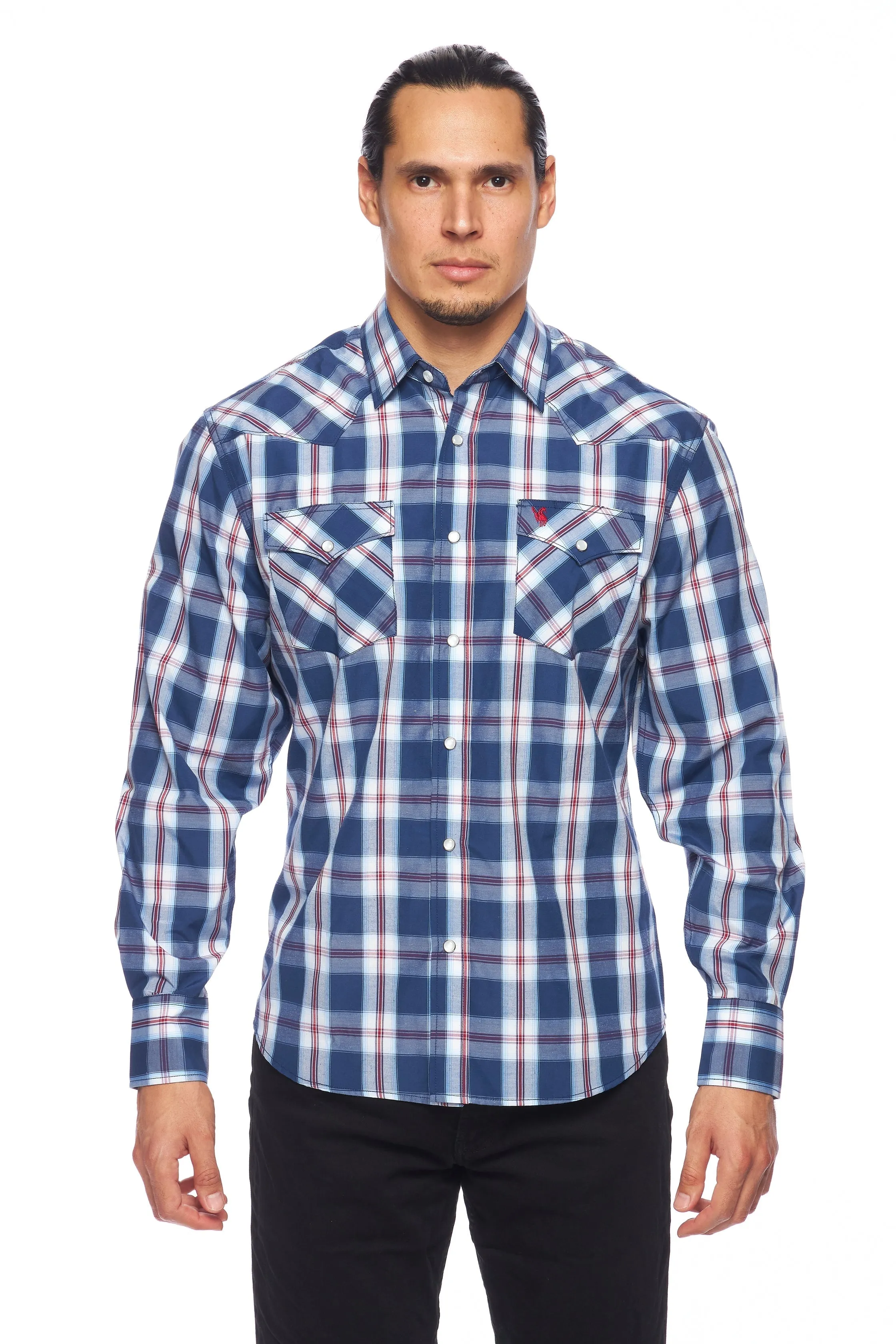 Men's Western Long Sleeve Pearl Snap Plaid Shirt-PS400-403
