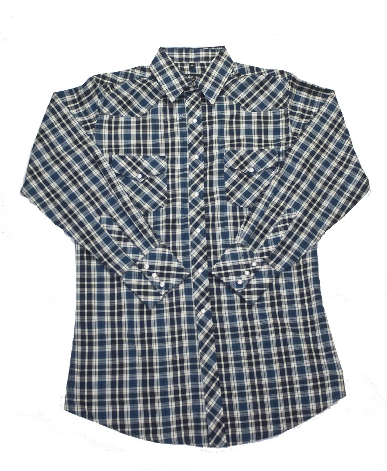 Men's Western Shirt: White Horse Plaid Blue Black