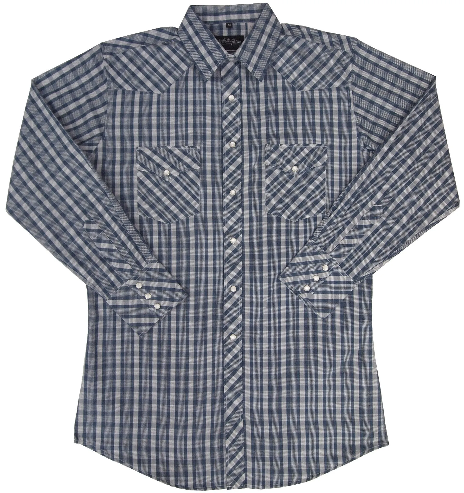 Men's Western Shirt: White Horse Plaid Blue White
