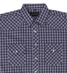 Men's Western Shirt: White Horse Short Sleeve Plaid Purple Black White