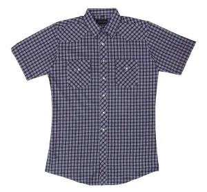 Men's Western Shirt: White Horse Short Sleeve Plaid Purple Black White