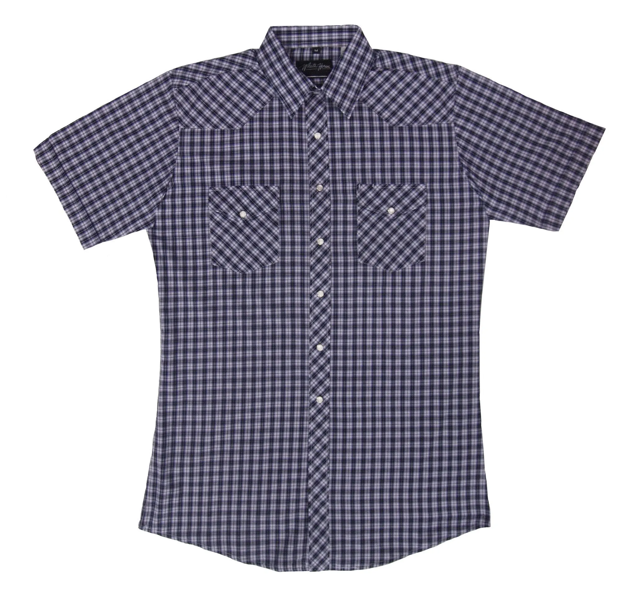 Men's Western Shirt: White Horse Short Sleeve Plaid Purple Black White