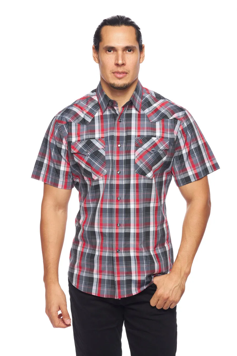 Men's Western Short Sleeve Pearl Snaps Plaid Shirt-PS400S-402