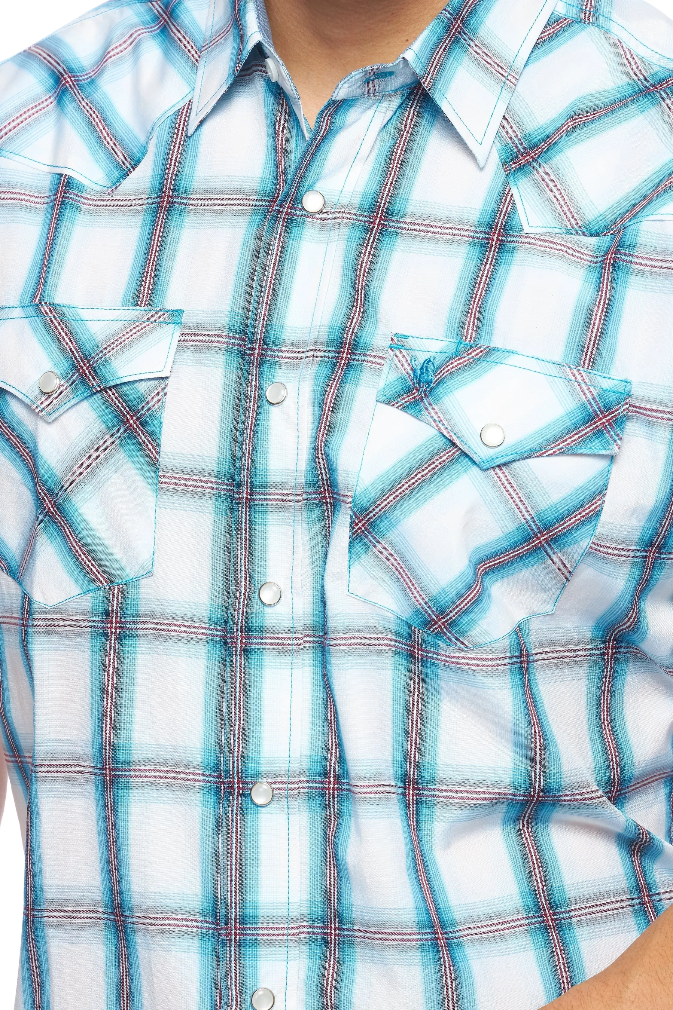 Men's Western Short Sleeve Pearl Snaps Plaid Shirt-PS400S-410