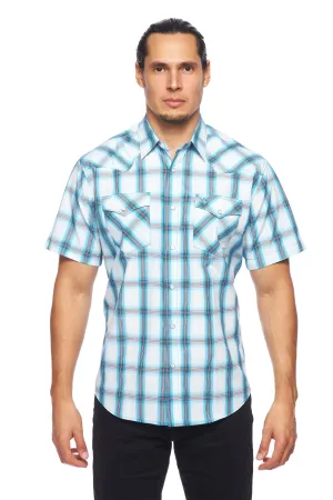 Men's Western Short Sleeve Pearl Snaps Plaid Shirt-PS400S-410
