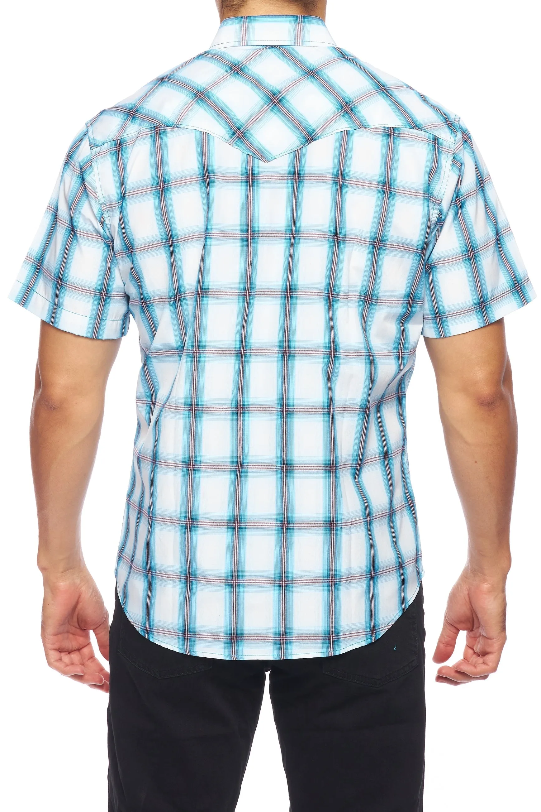 Men's Western Short Sleeve Pearl Snaps Plaid Shirt-PS400S-410