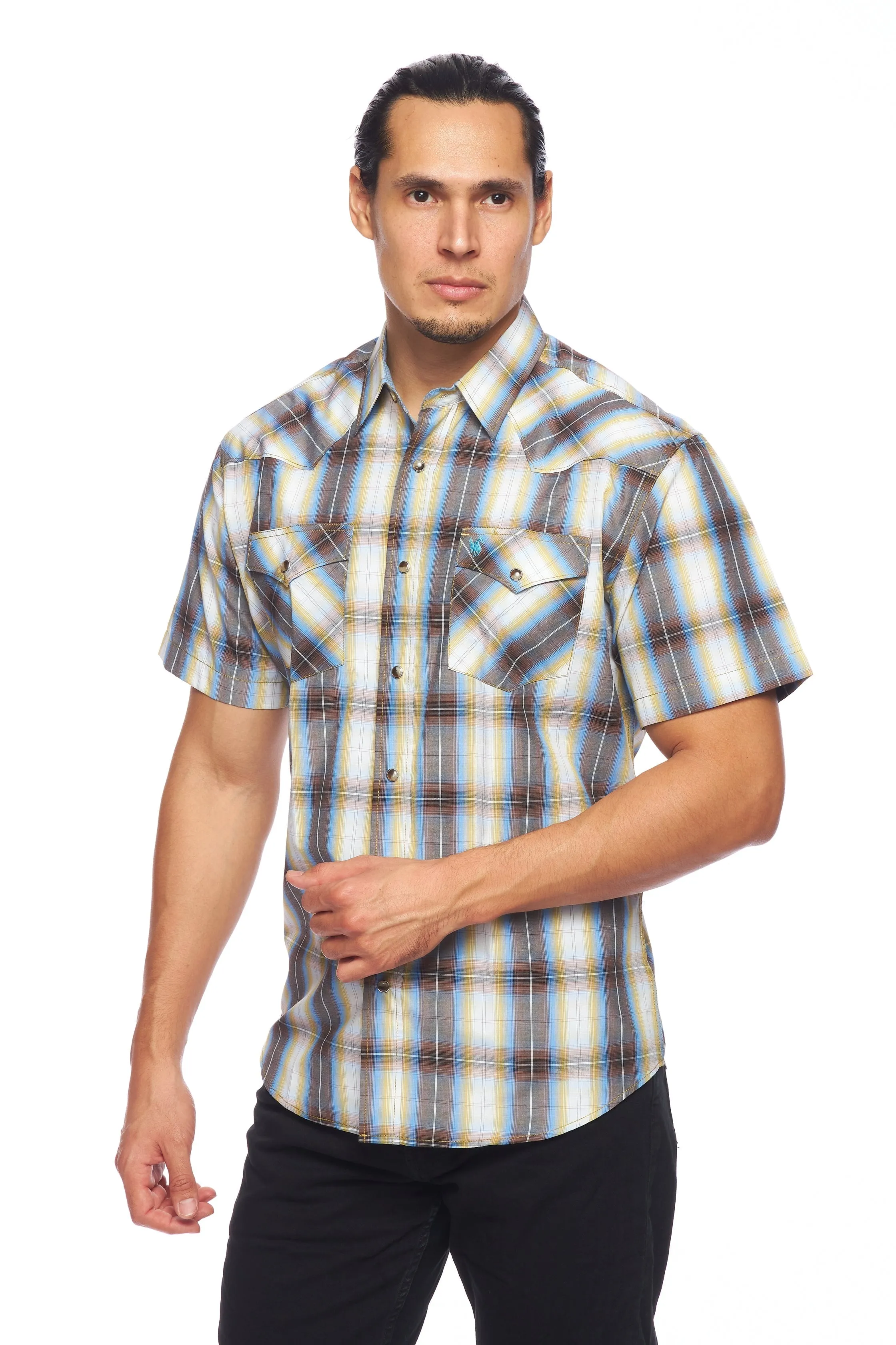 Men's Western Short Sleeve Pearl Snaps Plaid Shirt-PS400S-492