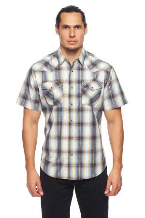Men's Western Short Sleeve Pearl Snaps Plaid Shirt-PS400S-492
