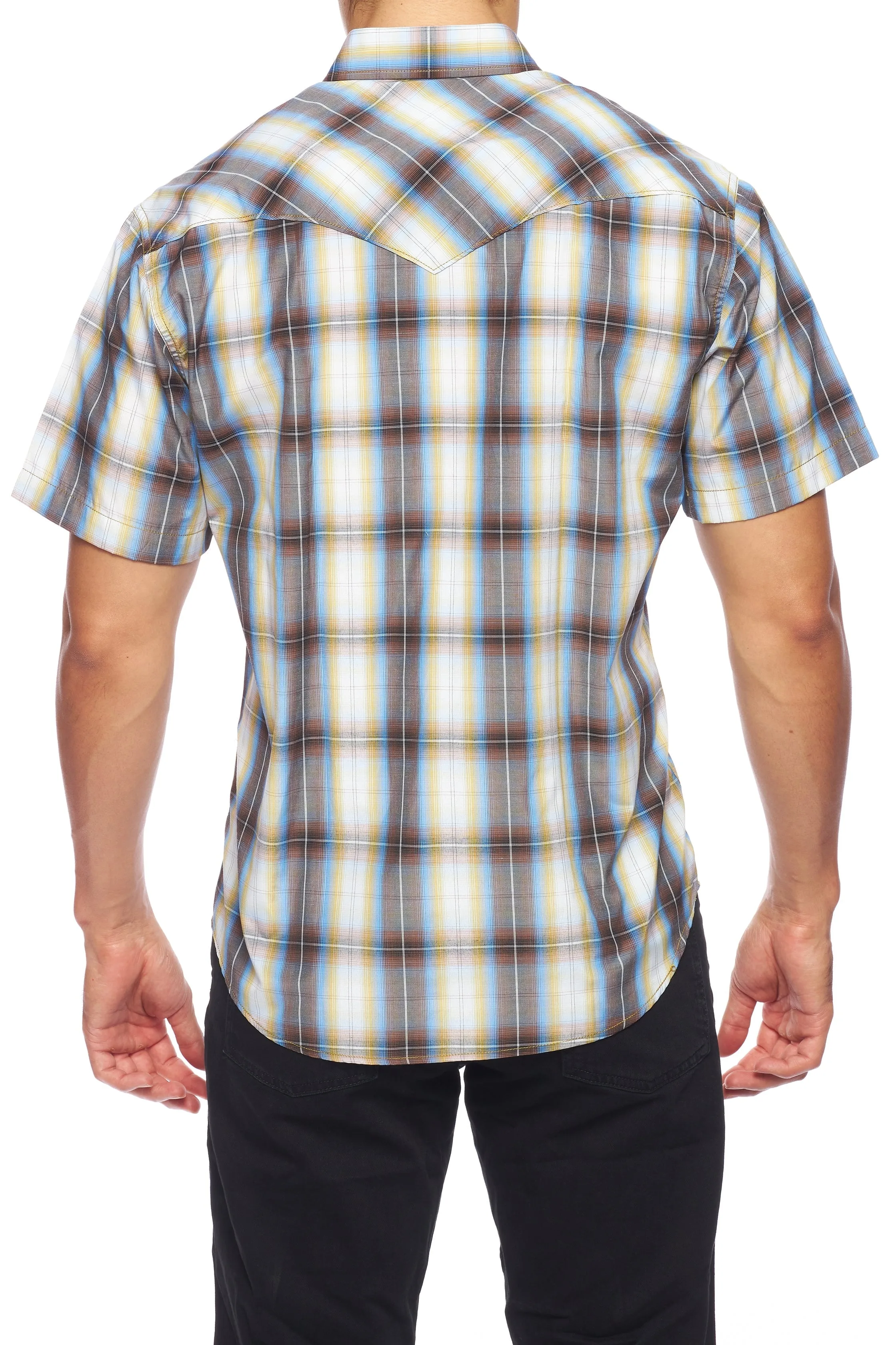 Men's Western Short Sleeve Pearl Snaps Plaid Shirt-PS400S-492
