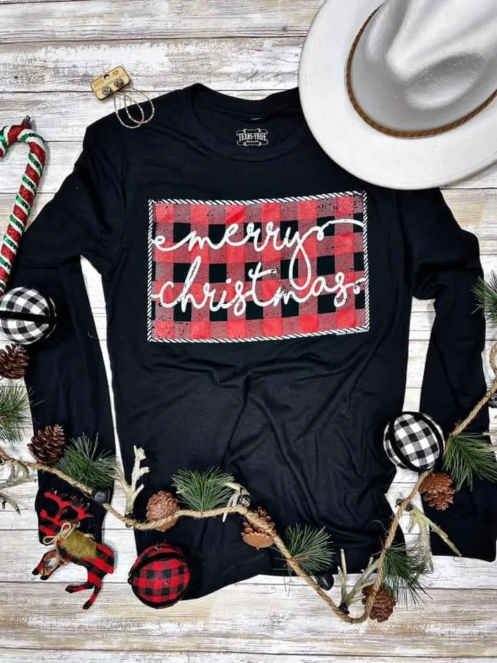 Merry Christmas Distressed Buffalo Plaid Graphic Tee