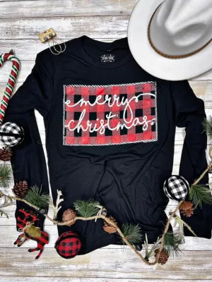 Merry Christmas Distressed Buffalo Plaid Graphic Tee