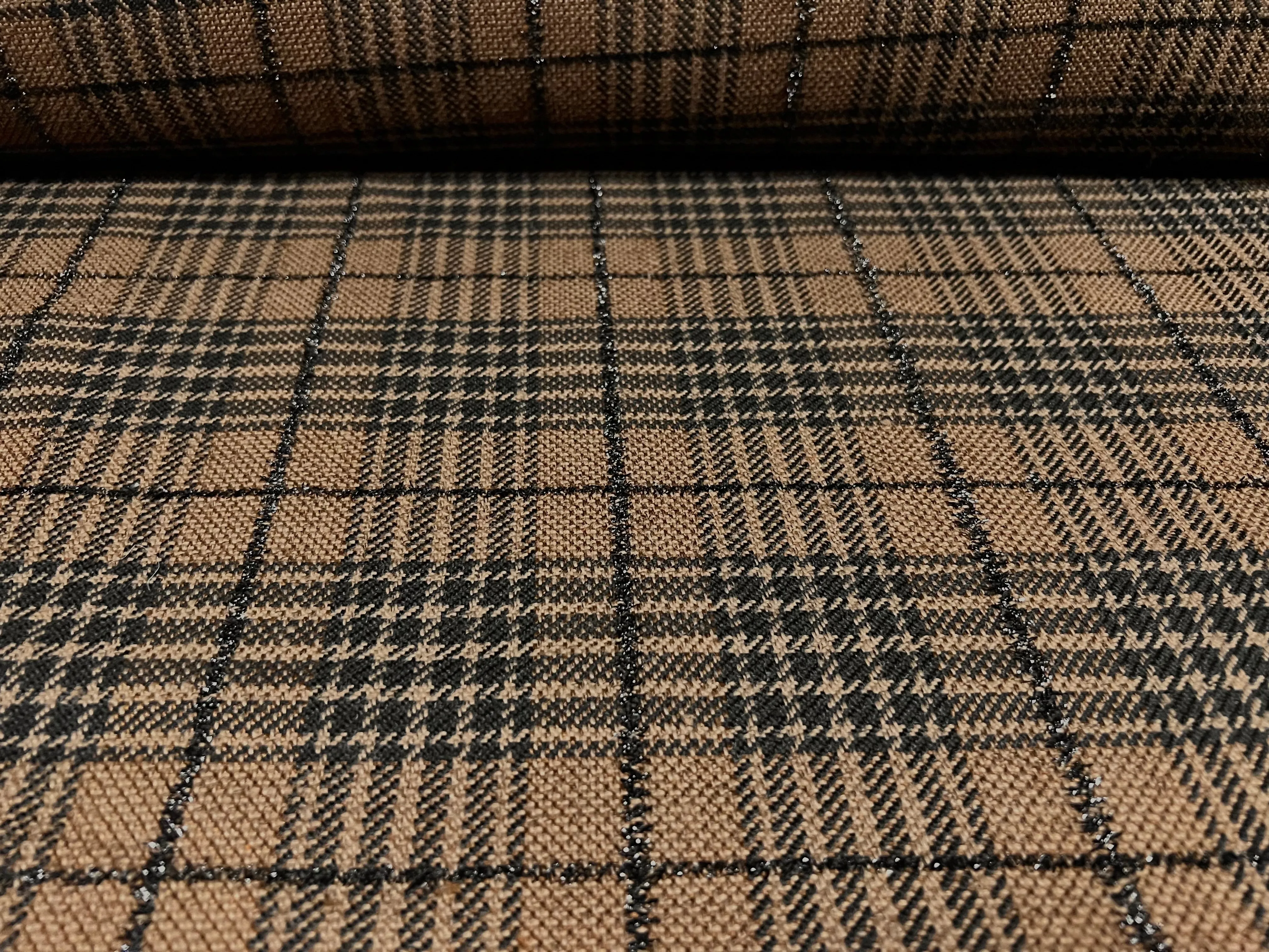 Metallic Wool jacquard woven fabric, per metre - lurex check - brown & black