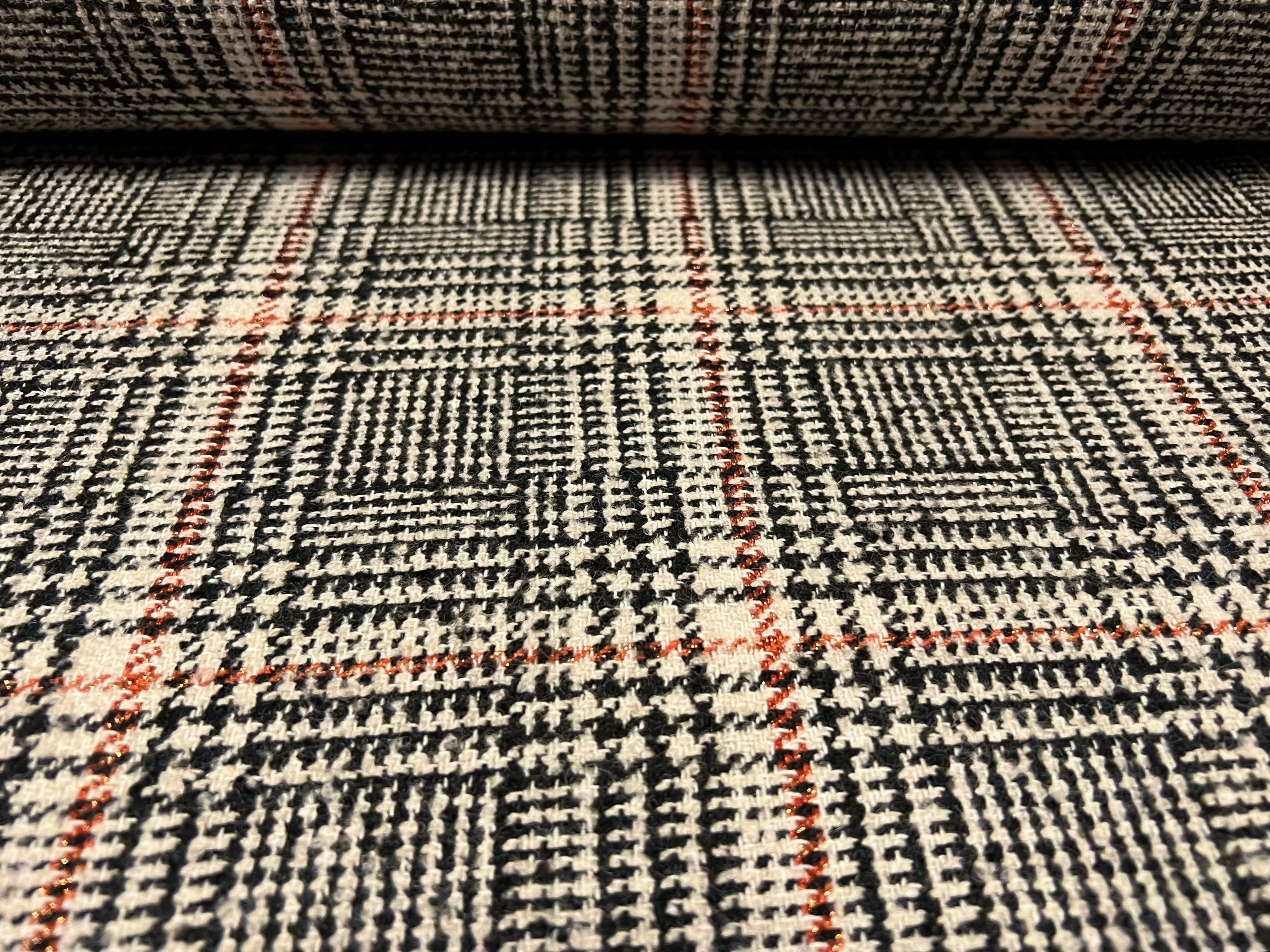 Metallic Wool jacquard woven fabric, per metre - lurex check - grey orange & gold