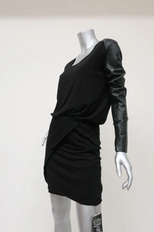 Michelle Mason Dress Black Stretch Jersey Size Small Leather Sleeve Mini NEW