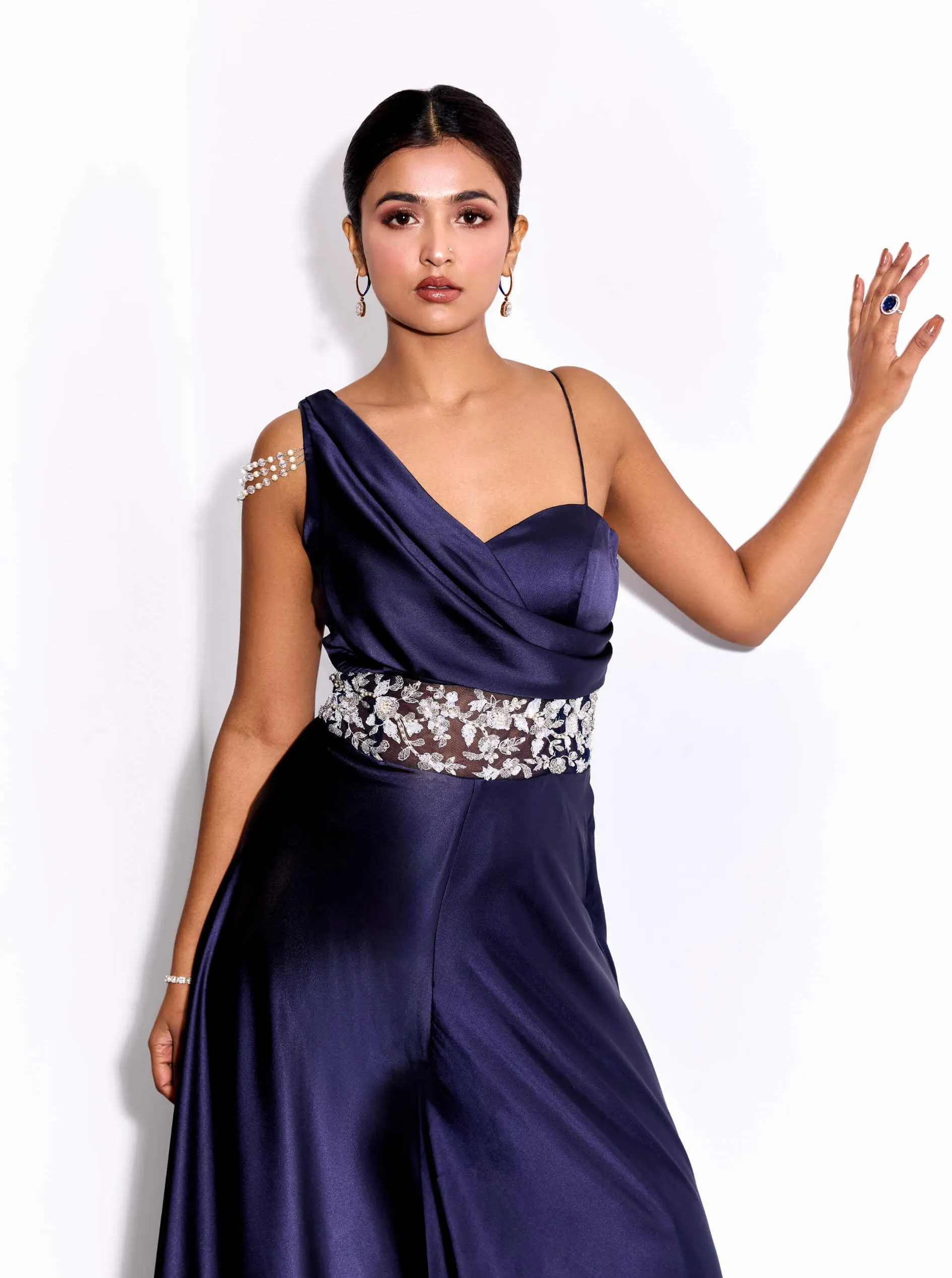 Midnight blue drape jumpsuit