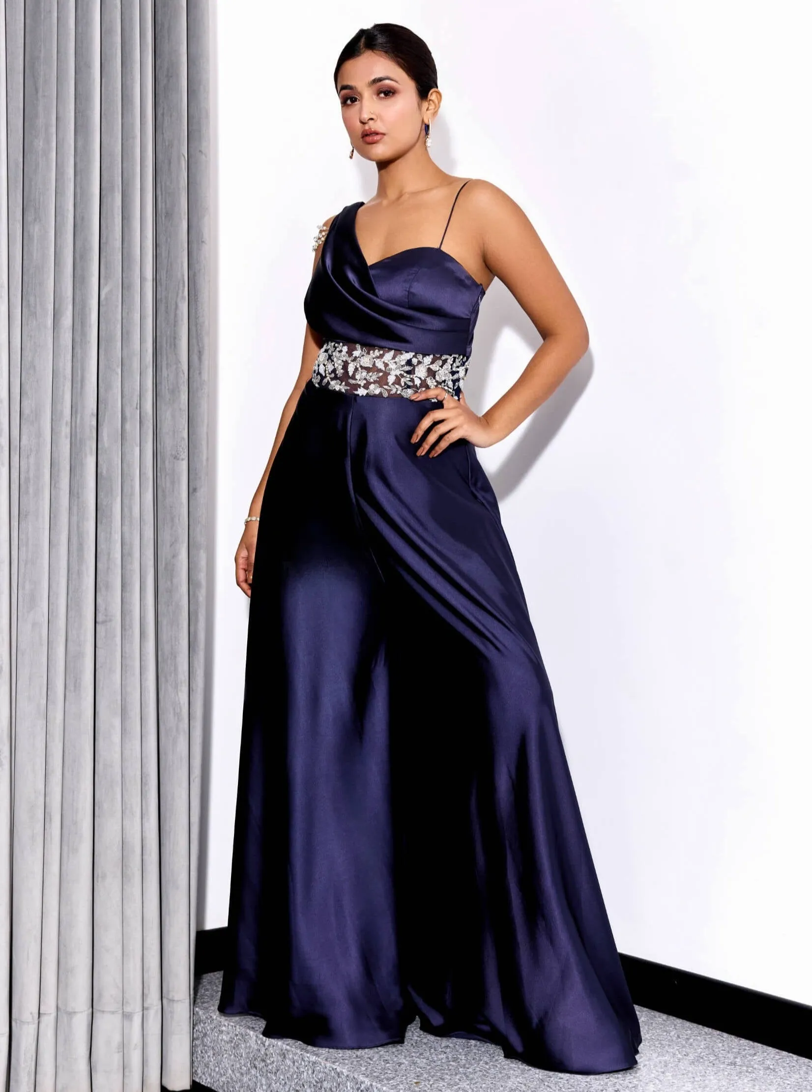 Midnight blue drape jumpsuit