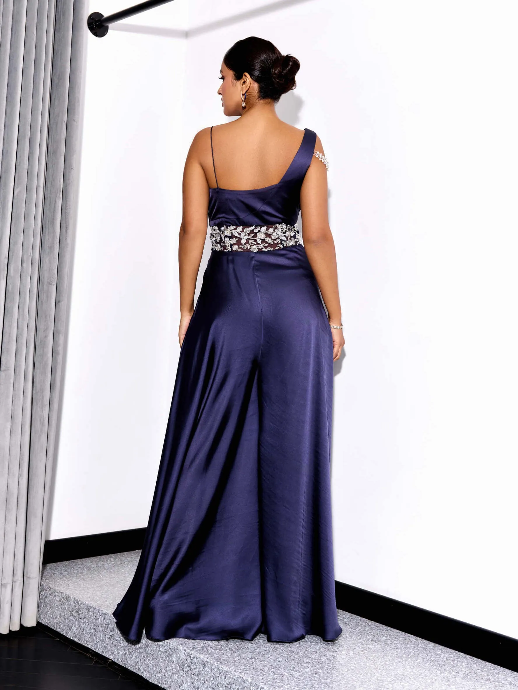 Midnight blue drape jumpsuit