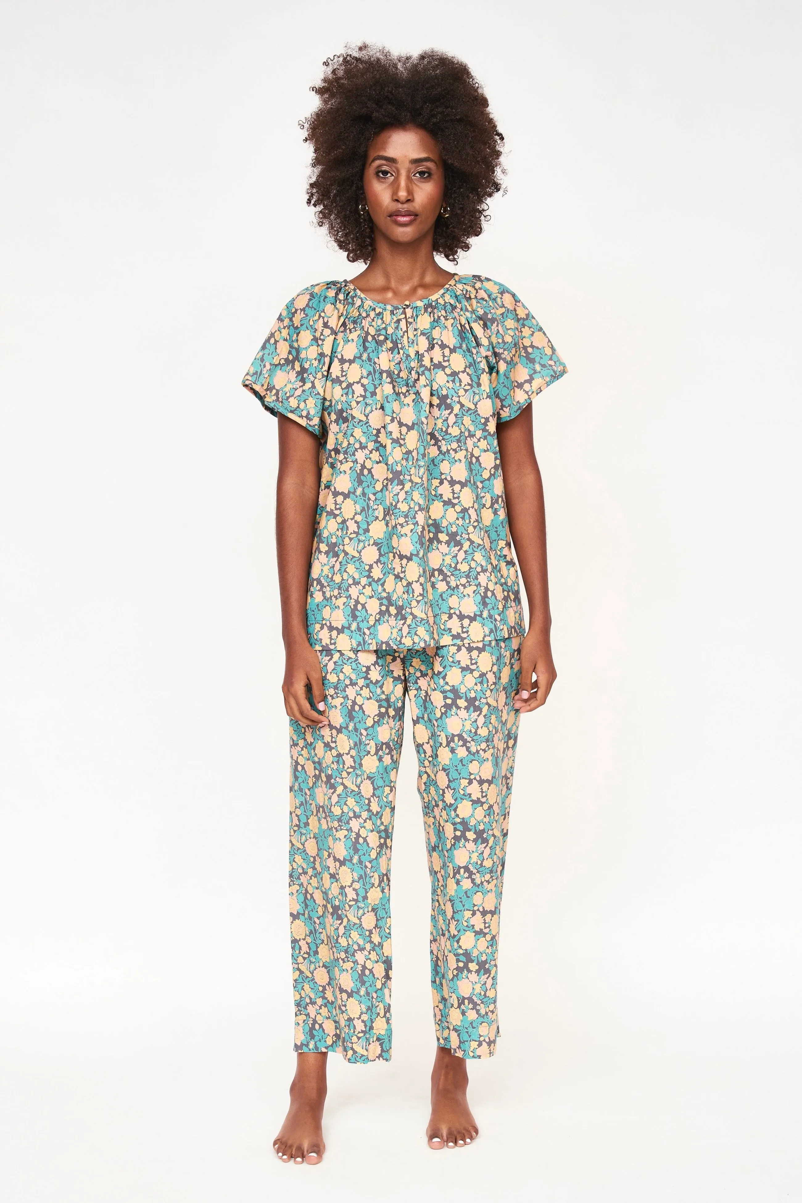 Mirth Organic Cotton Handblocked Pajama Pant Set in Onyx Bloom